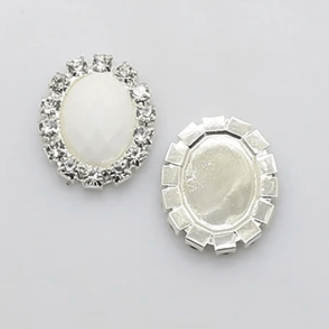 17*21mm White Oval in Silver Rhinestone Frame Resin Gem (Sold in Pair) Rhinestone Frame