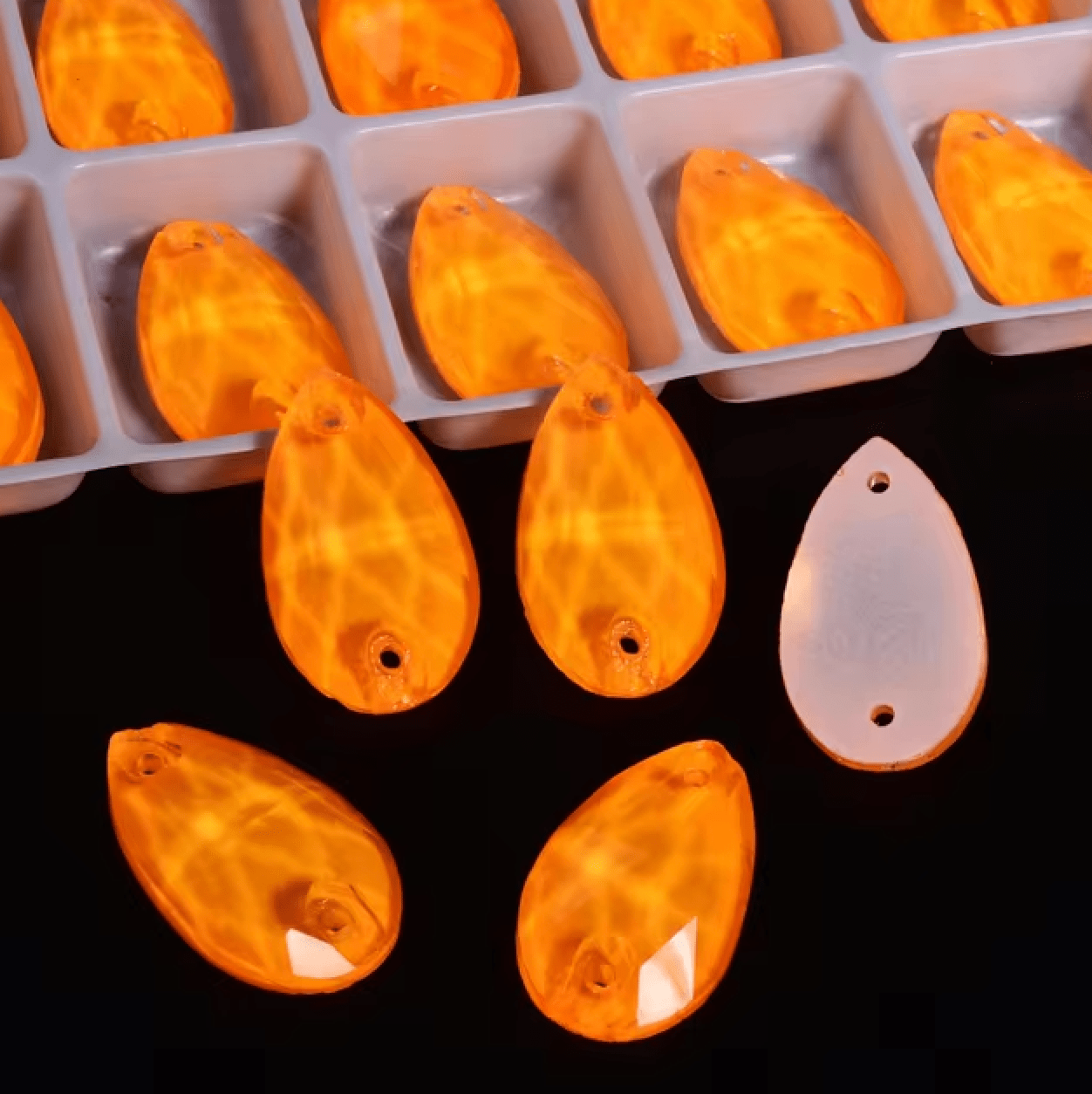 17*28mm Light Orange NEON White Bottom Teardrops, *Black light sensitive/Glow* Sew on, Glass Gems (Sold in Pair) Fancy Glass Gems