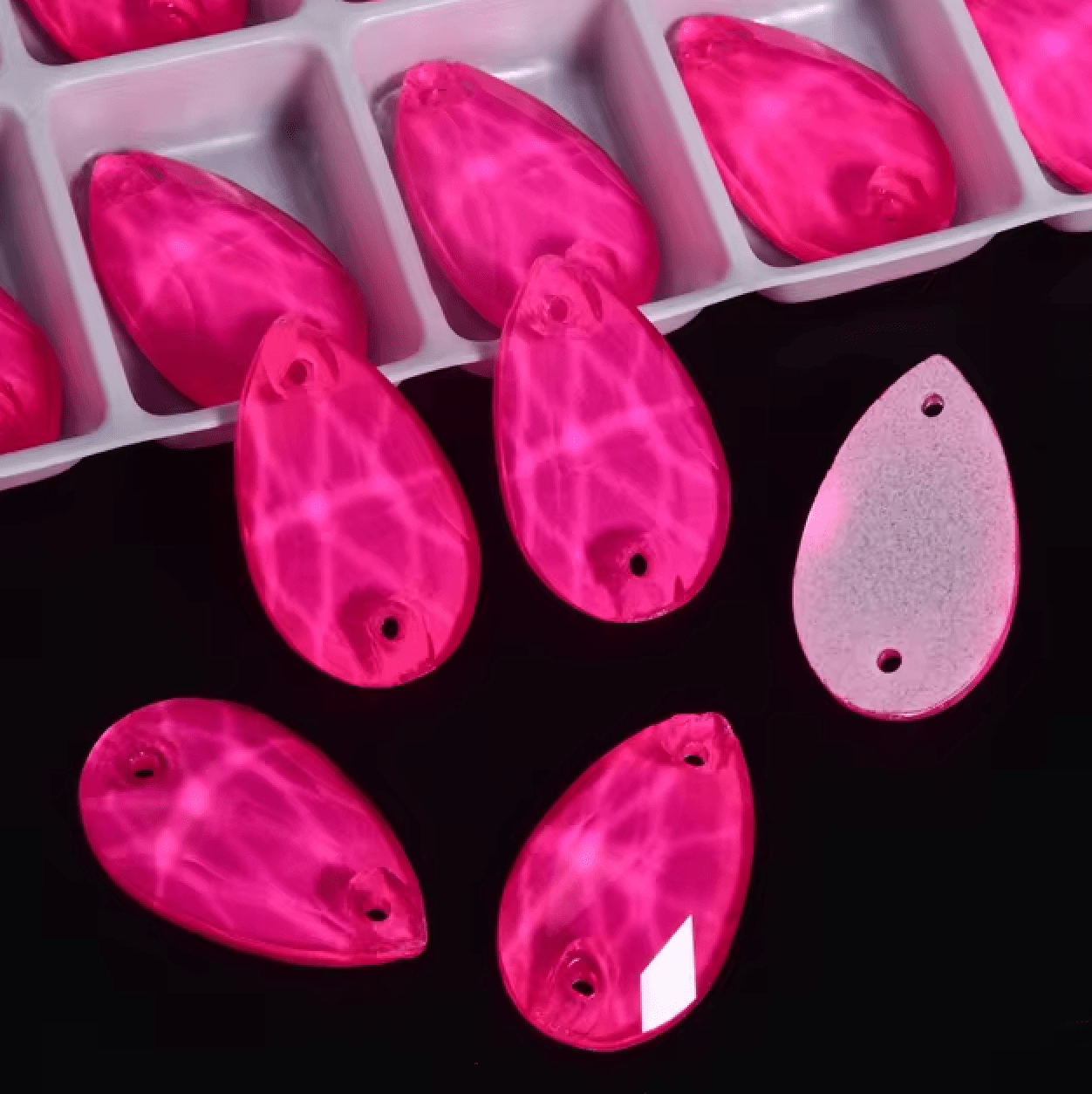 17*28mm Pink NEON White Bottom Teardrops, *Black light sensitive/Glow* Sew on, Glass Gems (Sold in Pair) Fancy Glass Gems