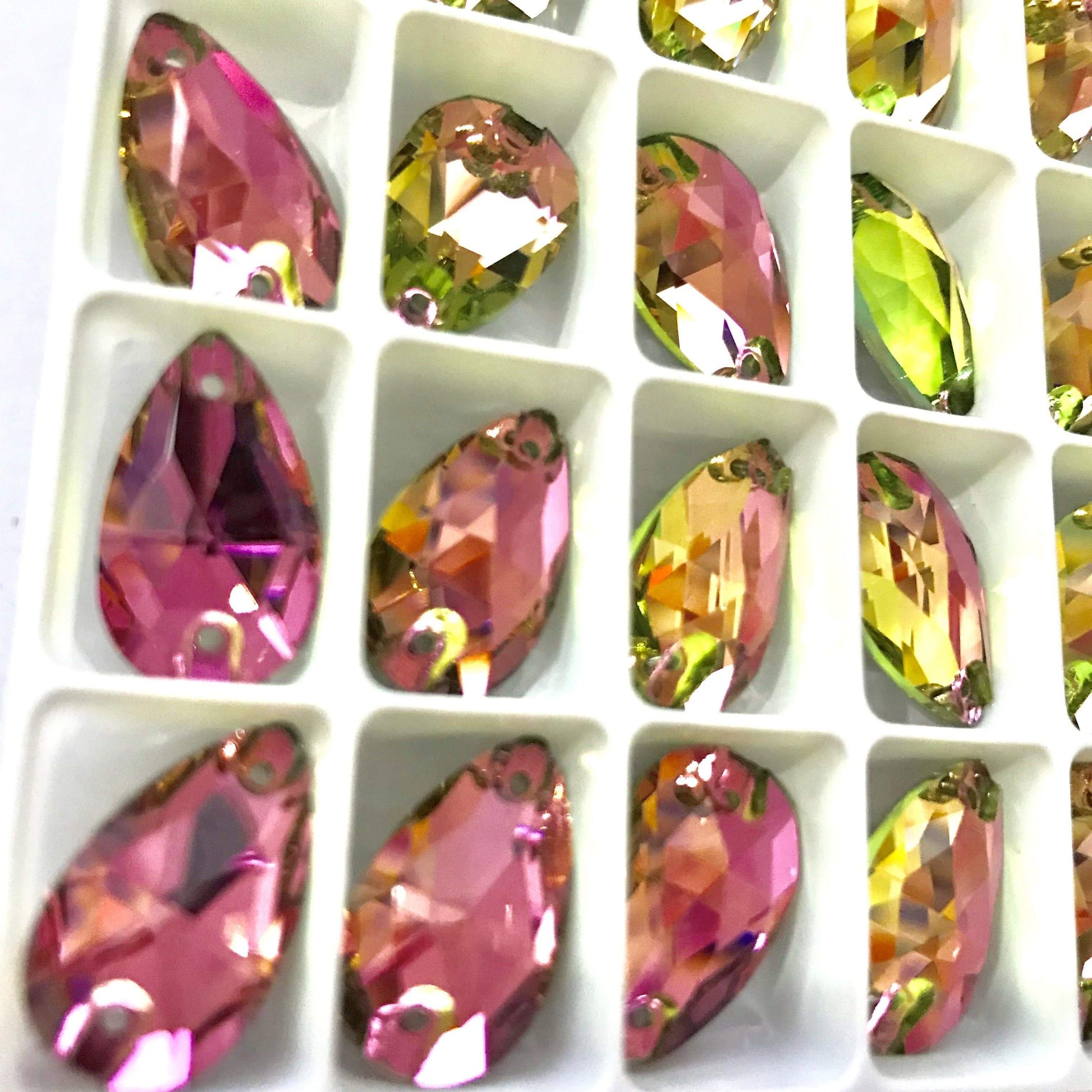 17*28mm Rose Pink-Peridot Flame Multi-reflective, Teardrops, Sew on, Fancy Glass Gems (Sold in Pair) Fancy Glass Gems