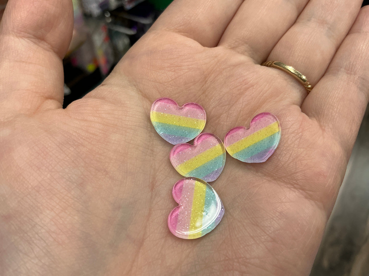 15mm Striped Pastel Glitter Rainbow Hearts Acrylic, Glue On, Resin Gem (Sold in Pair) Resin Gems