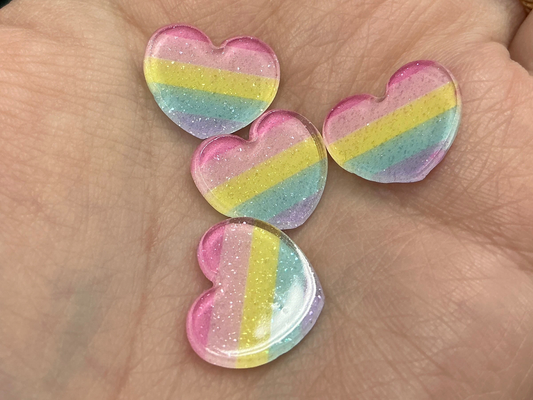 15mm Striped Pastel Glitter Rainbow Hearts Acrylic, Glue On, Resin Gem (Sold in Pair) Resin Gems