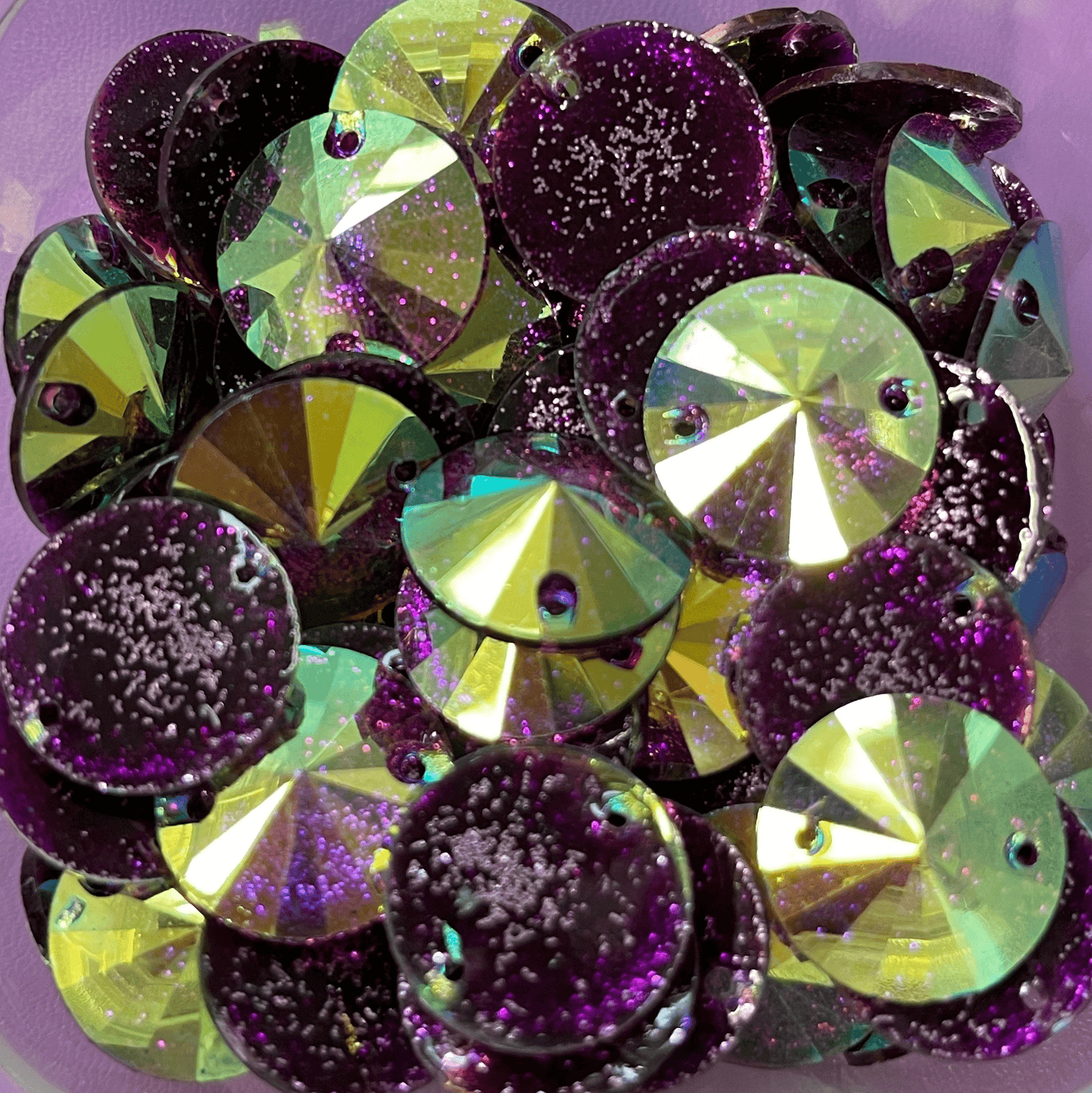 18mm Dark Purple AB Glitter Rivoli, Sew on, Resin Gem (Sold in Pair) Resin Gems