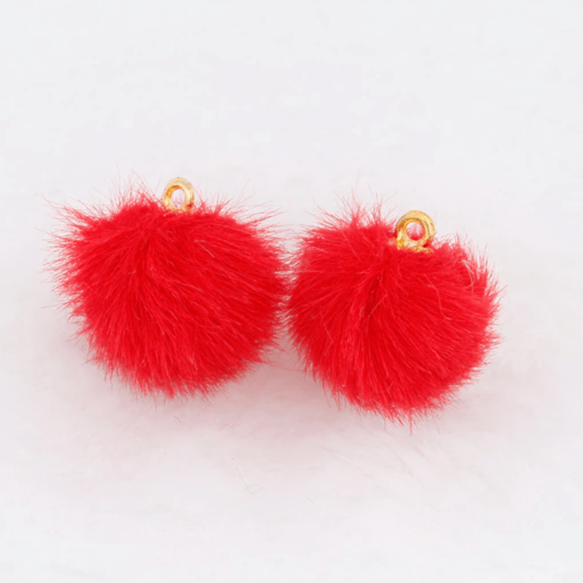 Red Pompom 18mm Plush Fur Covered Ball Charms DIY Pompom Tassel Earring Finding, (10 piece) Earring Findings