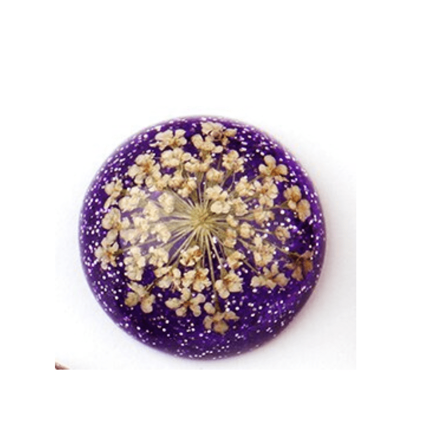 18mm White Dried Chrysanthemum Flower in Purple Glitter Resin, Glue on, Resin Gem (Sold in Pair) Resin Gems
