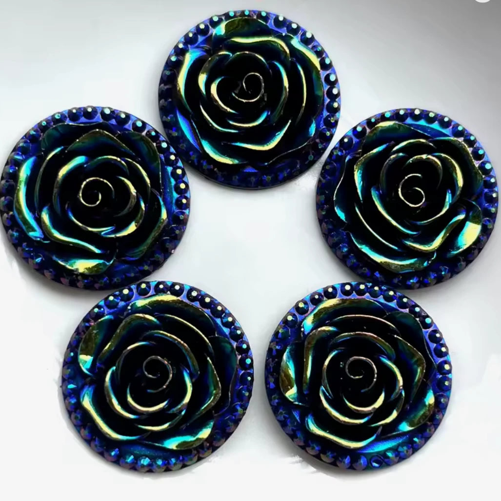 25mm Black AB Flower Round, Glue On, Resin Gem (Sold in Pair) Sundaylace Creations & Bling