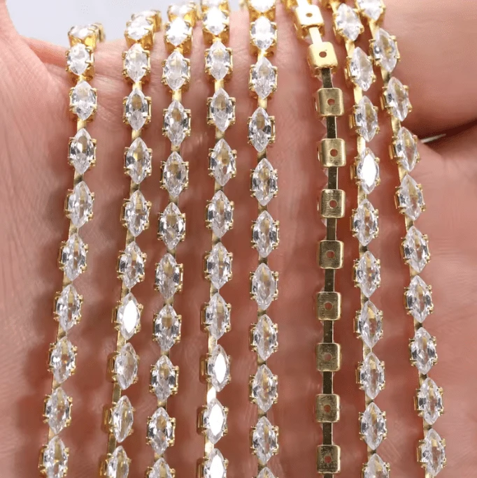 2*4mm Clear DIAMOND Navette STONE with Silver Rhinestone Fancy Metal Chain, Sold in 18" *RARE* Promotions