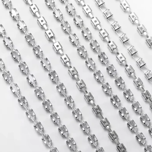 2*4mm Clear DIAMOND Navette STONE with Silver Rhinestone Fancy Metal Chain, Sold in 18" *RARE* Promotions