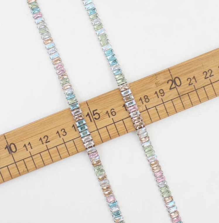 2.5*5mm Pastel AB MIX RECTANGLE STONE with Silver Rhinestone Metal Chain, Sold in 18" *RARE* SS6 Metal Rhinestone Chain