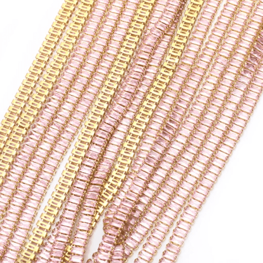2.5*5mm PINK RECTANGLE STONE with Gold Rhinestone Metal Chain, Sold in 18" *RARE* SS6 Metal Rhinestone Chain