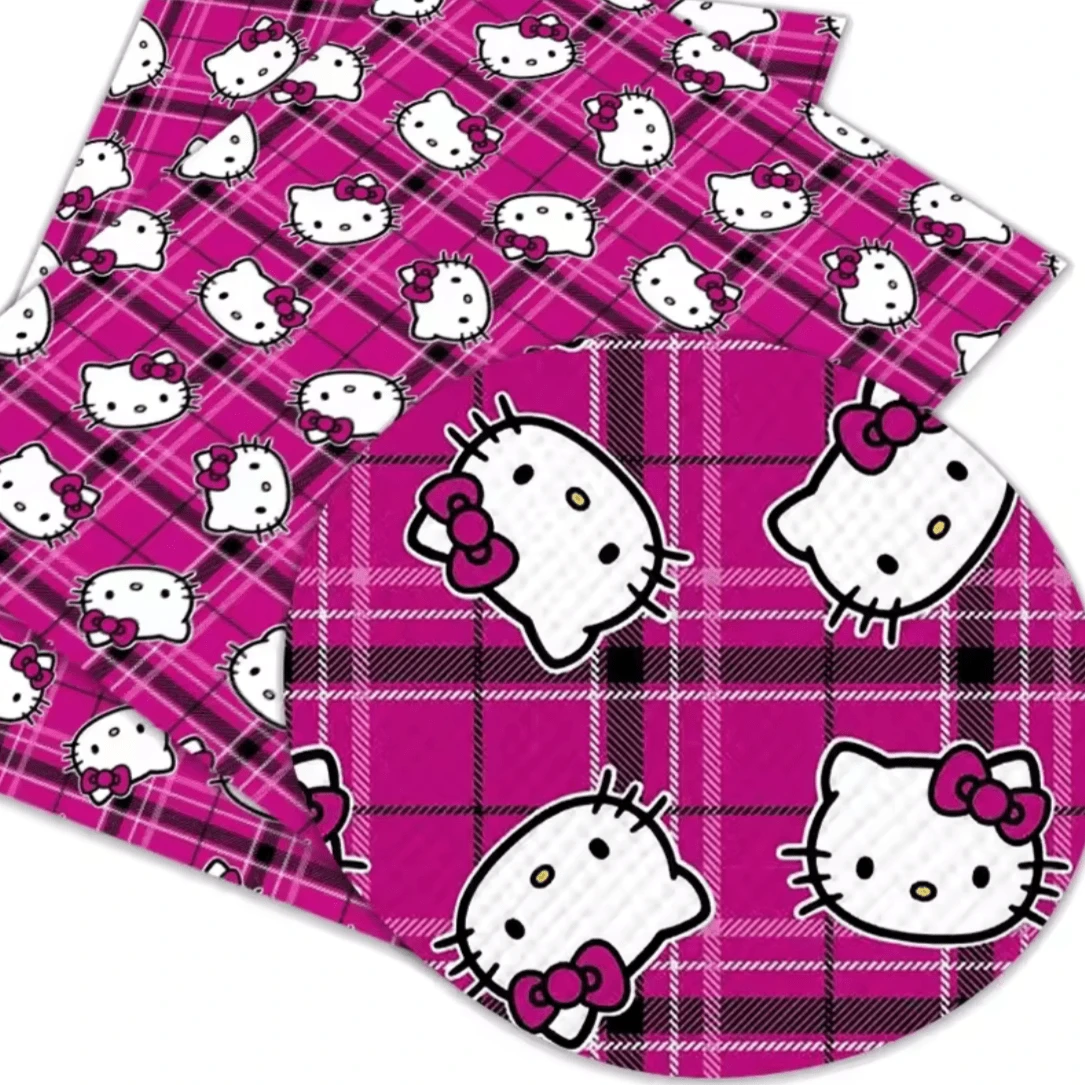 20*30cm Hello Kitty On Pink Purple Plaid  Smooth Texture Finish, Leatherette Sheet Basics