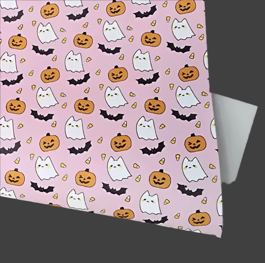 20*30cm Pumpkins, Boo's, & Bats on Pink Background Smooth Texture Finish, Leatherette Sheet Basics