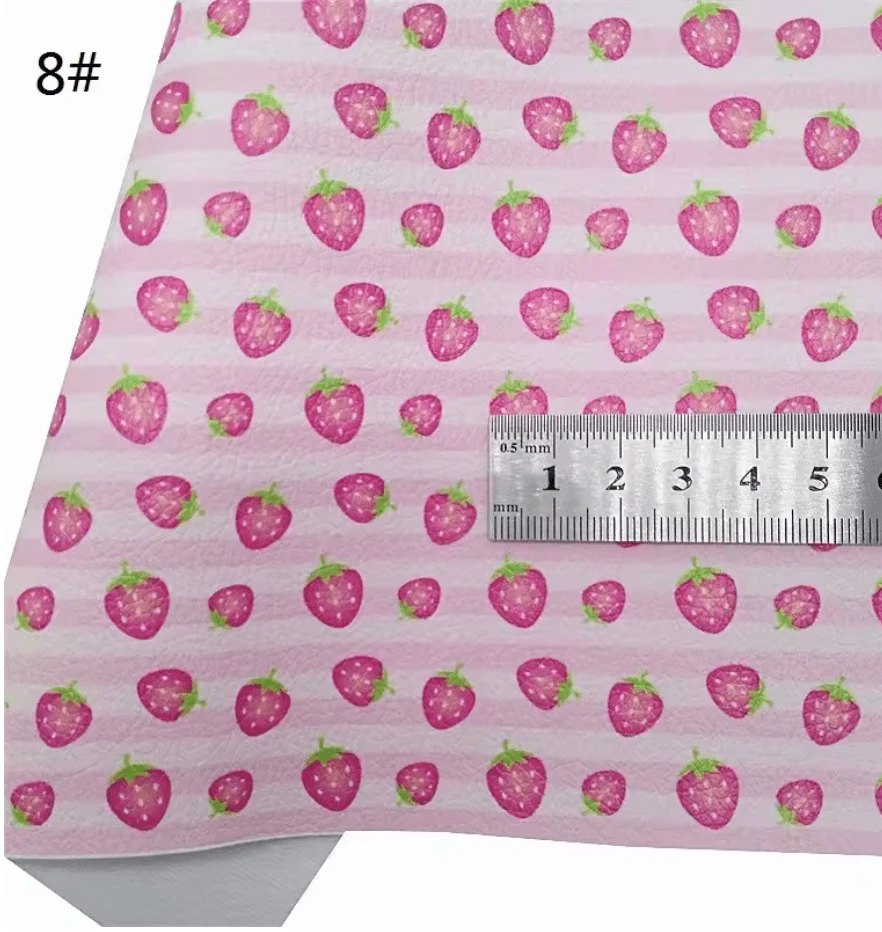 20*30cm "Ripe Strawberries in July" in Stripe Pink Background Smooth Texture Finish, Leatherette Sheet Basics