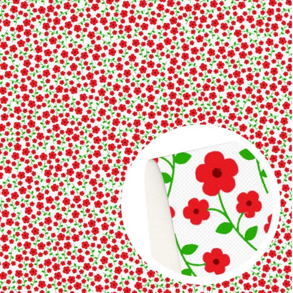 20*30cm Small Red Poppies Flowers White Background Printed Leatherette, Sold in sheet Leather & Vinyl