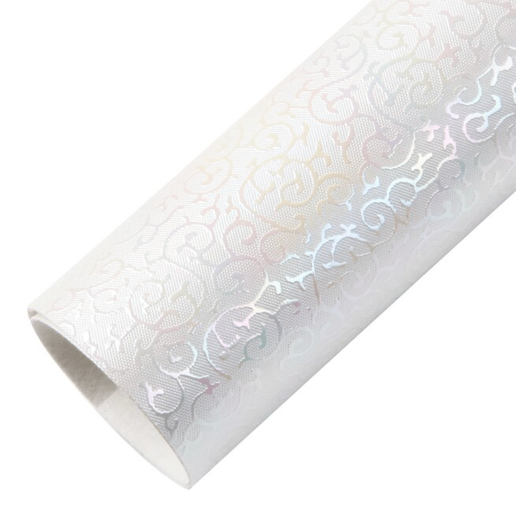 White Scroll AB 20*33cm AB Scroll Colour Foil Finish Textured Leatherette Sheet, Basics Leather & Vinyl