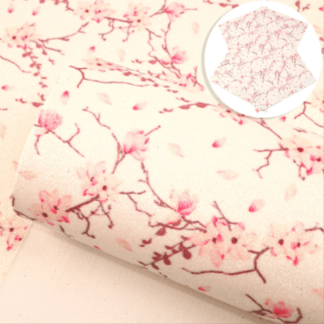 20*33cm Sakura Floral Fine Glitter Printed Leatherette Sheet, Long Leatherette Sheet Basics