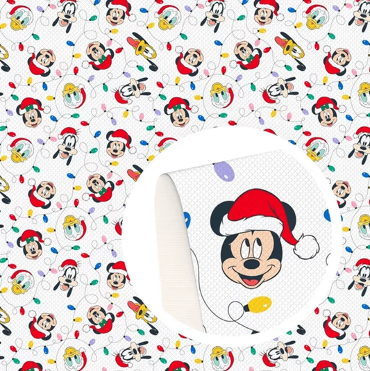 20*33cm Santa Hat Mickey Lights on White Christmas Cartoon Print Background Long Leatherette Sheet Leather & Vinyl