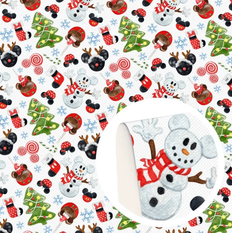 20*33cm Snowman Mickey on White Christmas Cartoon Print Background Long Leatherette Sheet (Copy) Leather & Vinyl