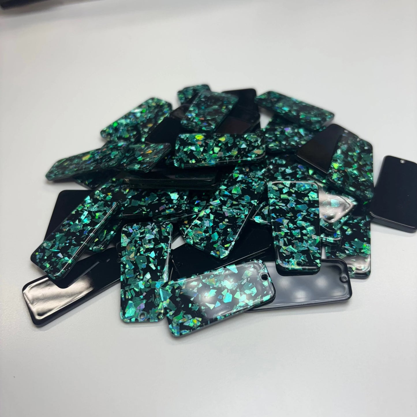 20*39mm Teal Holographic Glitter Trapezoid on Black Acrylic Resin, one hole sew on, Acrylic Resin Gem (Sold in Pair) Resin Gems