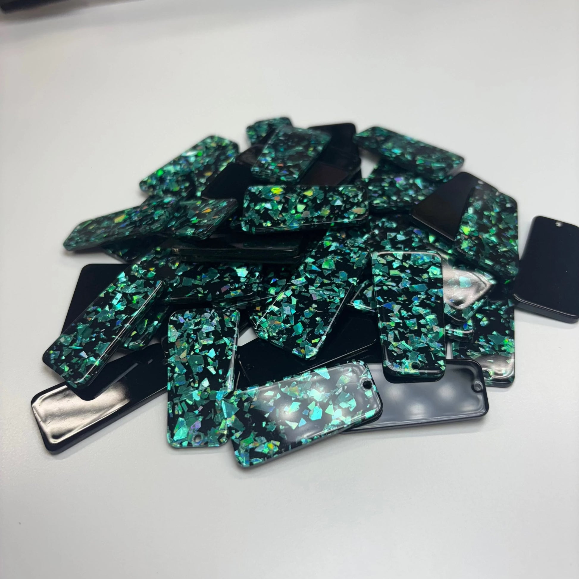 20*39mm Teal Holographic Glitter Trapezoid on Black Acrylic Resin, one hole sew on, Acrylic Resin Gem (Sold in Pair) Resin Gems