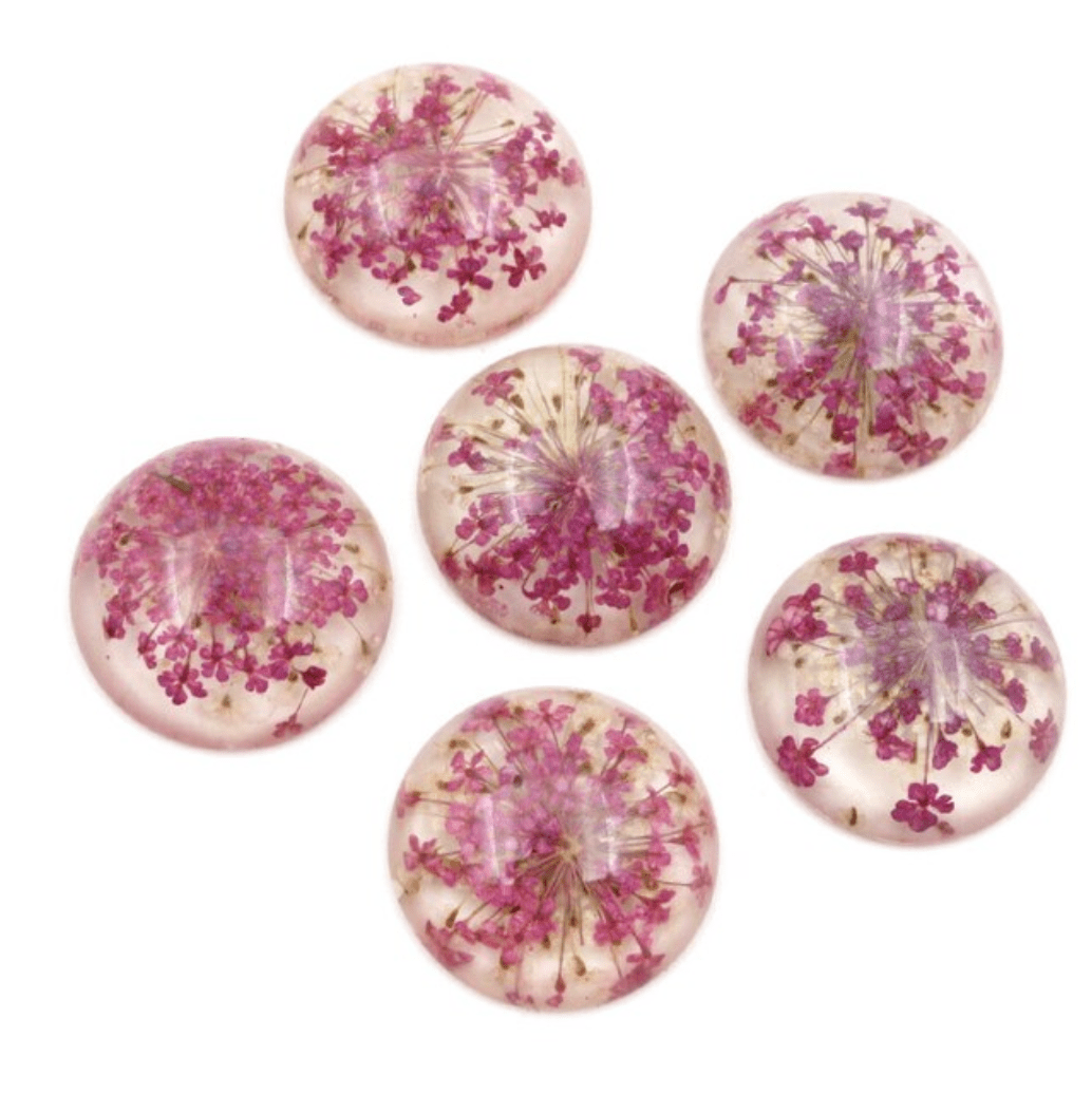 20mm & 25mm Hot Pink Dried Chrysanthemum Flower in Clear Resin, Glue on, Resin Gem (Sold in Pair) Resin Gems