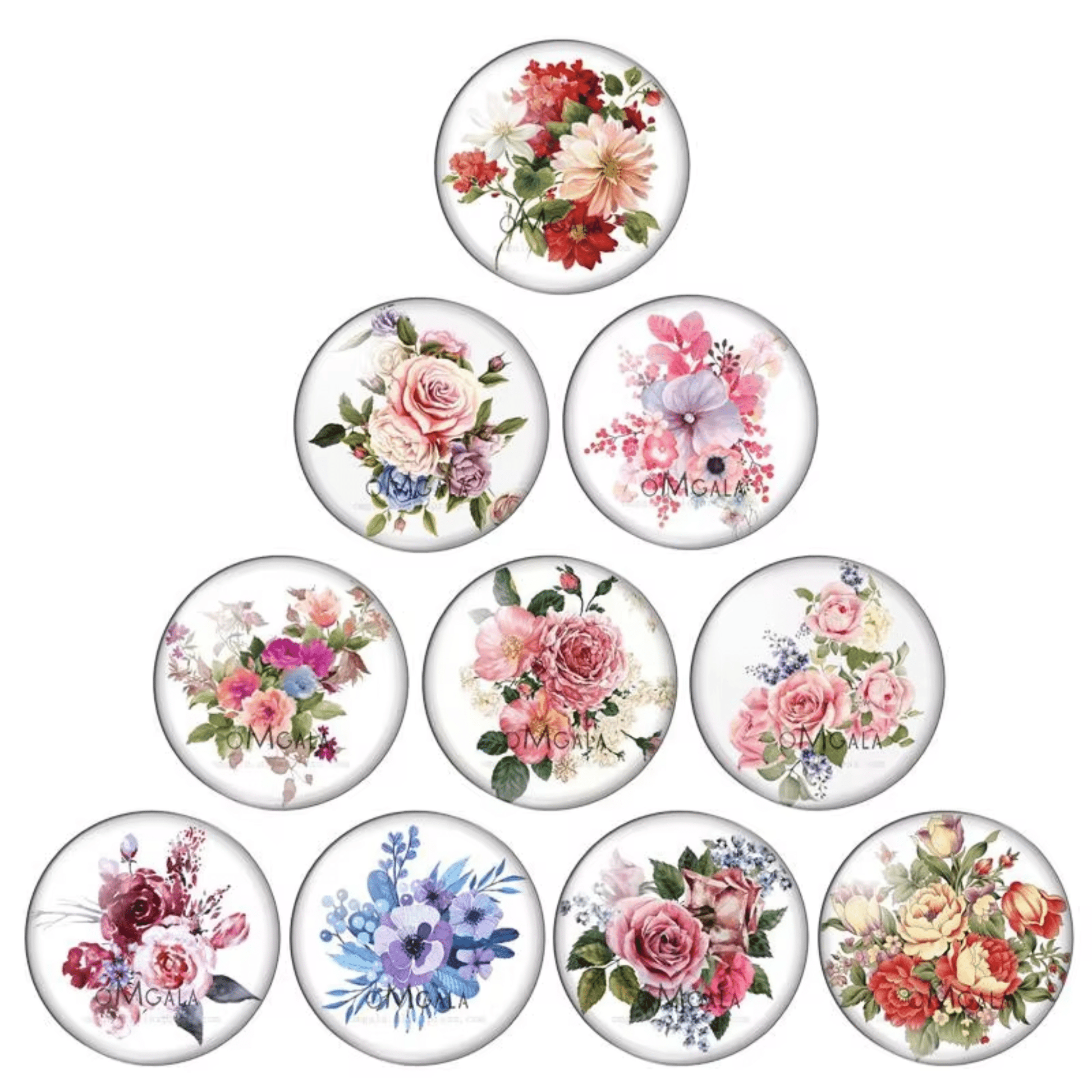 20mm Mixed Rose Flowers Cabochon, Round Photo Glass, Glue on (Sold in Pair) Resin Gems