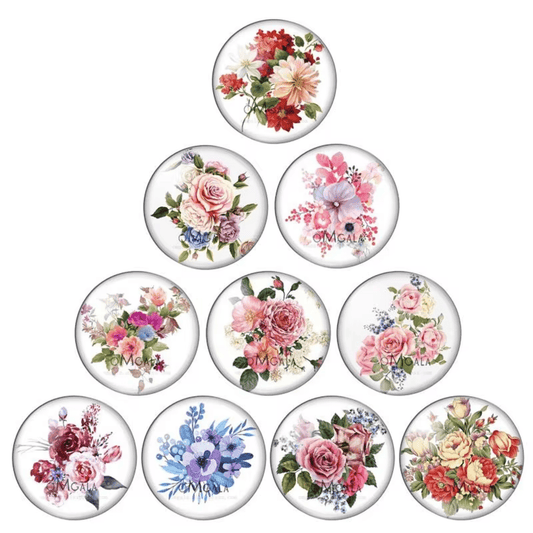 20mm Mixed Rose Flowers Cabochon, Round Photo Glass, Glue on (Sold in Pair) Resin Gems