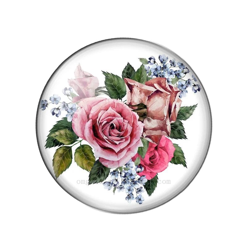 20mm Ashley - Big Pink Roses Bouquet 20mm Mixed Rose Flowers Cabochon, Round Photo Glass, Glue on (Sold in Pair) Resin Gems