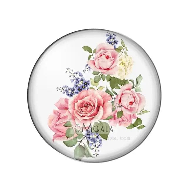 20mm Misty - Rose/Sage/Blue/White Bouquet 20mm Mixed Rose Flowers Cabochon, Round Photo Glass, Glue on (Sold in Pair) Resin Gems