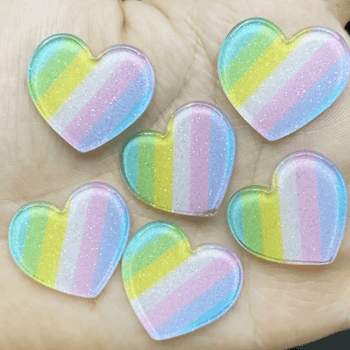21*24mm Striped Ombre Pastel Glitter Rainbow Hearts Acrylic, Glue On, Resin Gem (Sold in Pair) Resin Gems