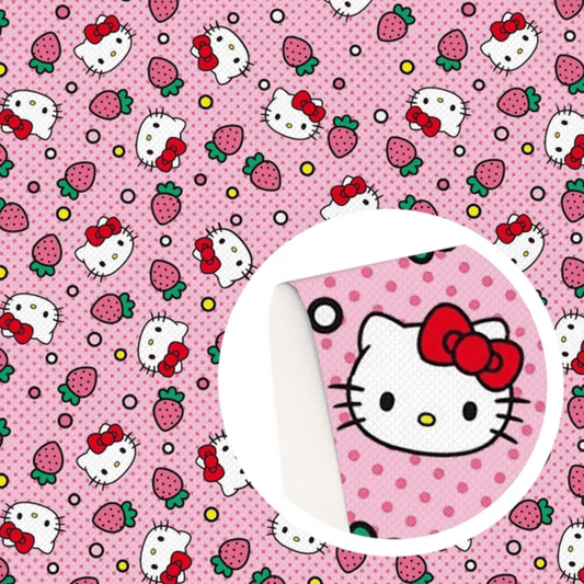 22*30cm "Hello Kittiy & Strawberries" Pink Background Cat Japanese Cartoon, Leatherette Sheet Leather & Vinyl