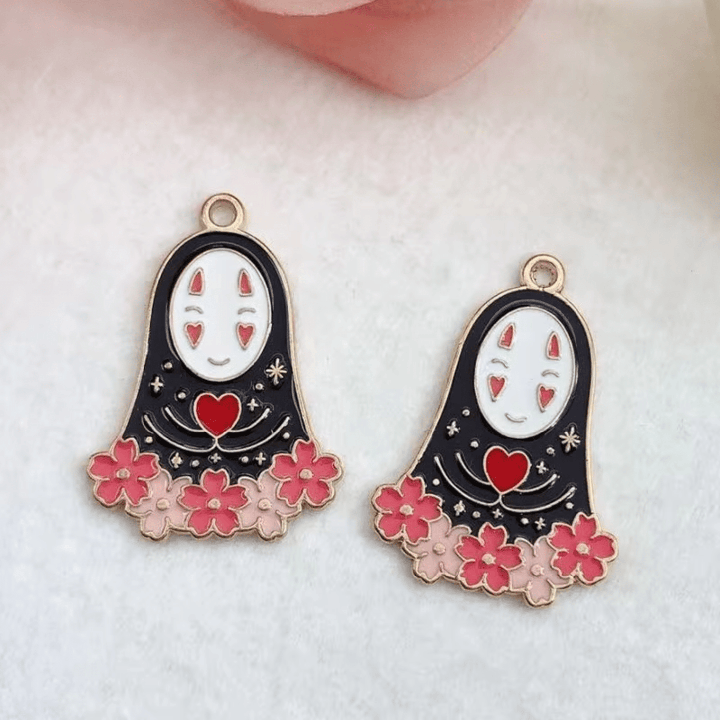 23*33mm  No-Face Spirited Away with Cherry Blossoms Cartoon Anime Charm, Hole on top, Resin Gem, (Sold in Pair) Basics