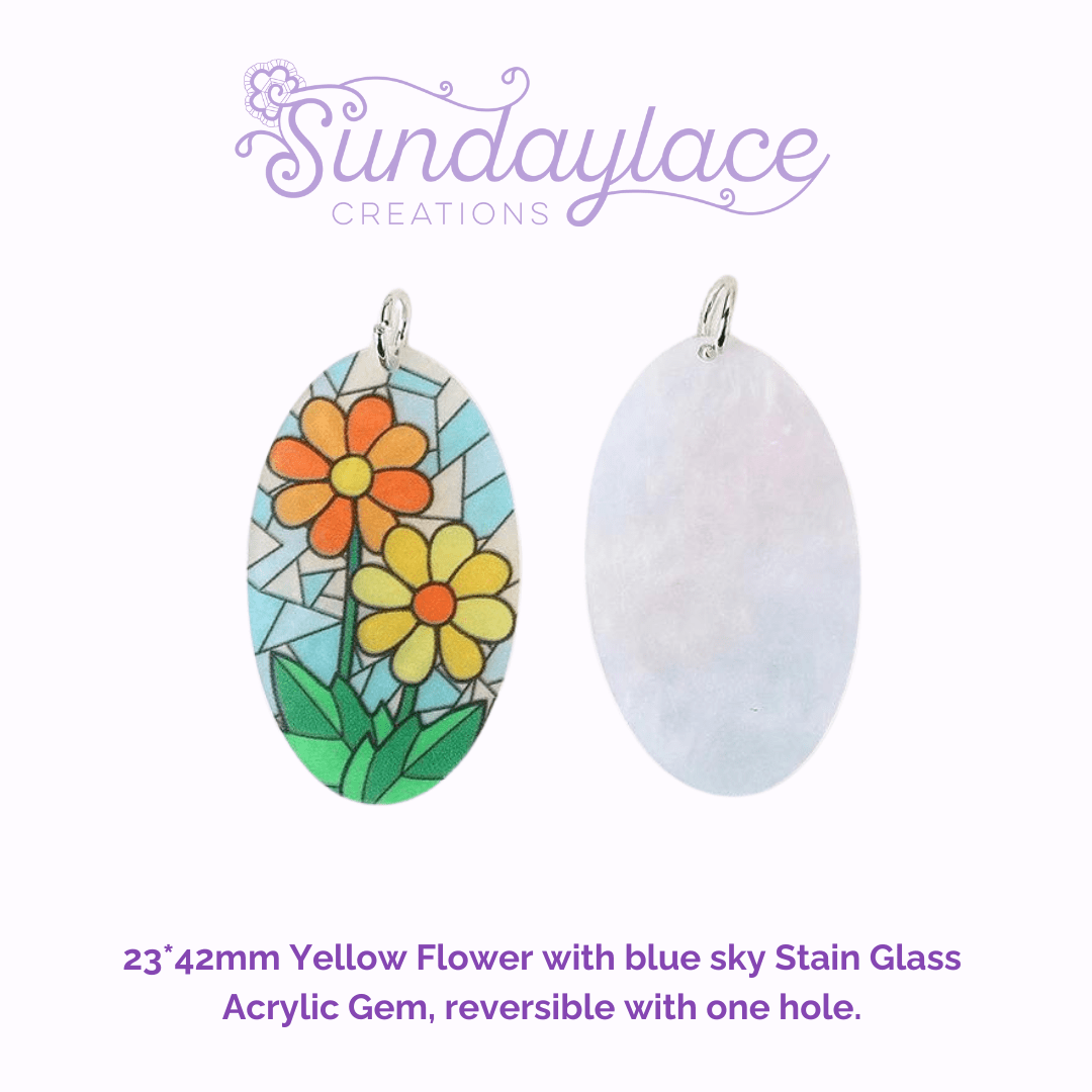 23*42mm Yellow Flower with blue sky Stain Glass Acrylic Gem, Reversible Sew on, Large Acrylic Resin Gem (Sold in Pair) Resin Gems