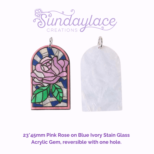 23*45mm Pink Rose on Blue Ivory Stain Glass Acrylic Gem, reversible Sew on, Large Acrylic Resin Gem (Sold in Pair) Resin Gems