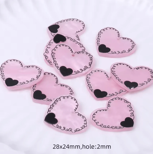 24*28mm Heart Doodle in Black on Pink Heart, One Hole, Acrylic Charm Resin Gems (Sold in pair) Resin Gems