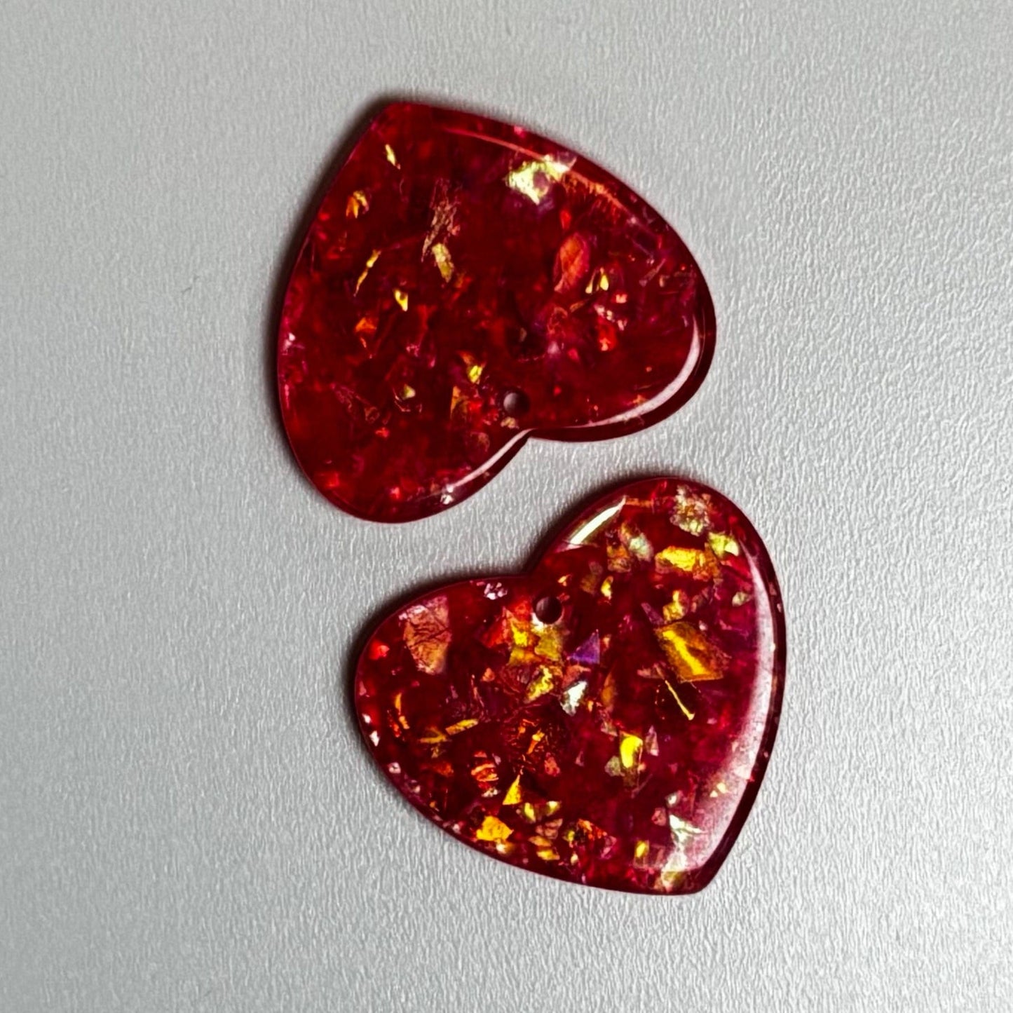 Red Holographic Hearts 24*28mm Holographic Foil in Transparent Heart, One Hole, Acrylic Charm Resin Gems (Sold in pair) Resin Gems