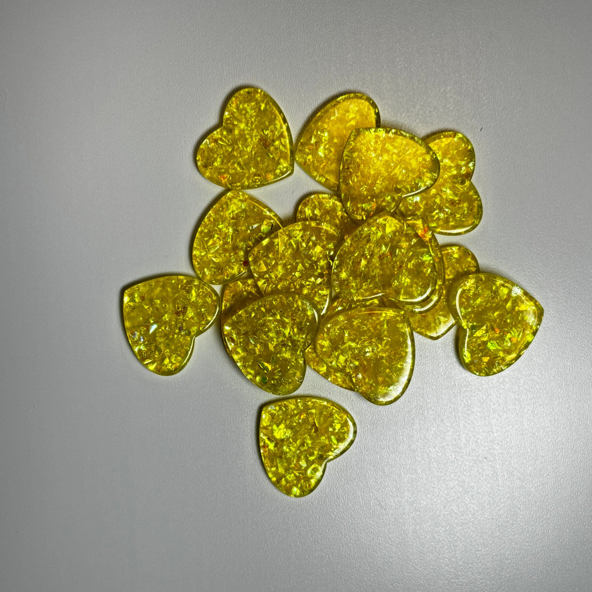 24*28mm Yellow Hearts Holographic Foil in Transparent Heart One Hole Charm, Glue on, Resin Gem, (Sold in Pair)