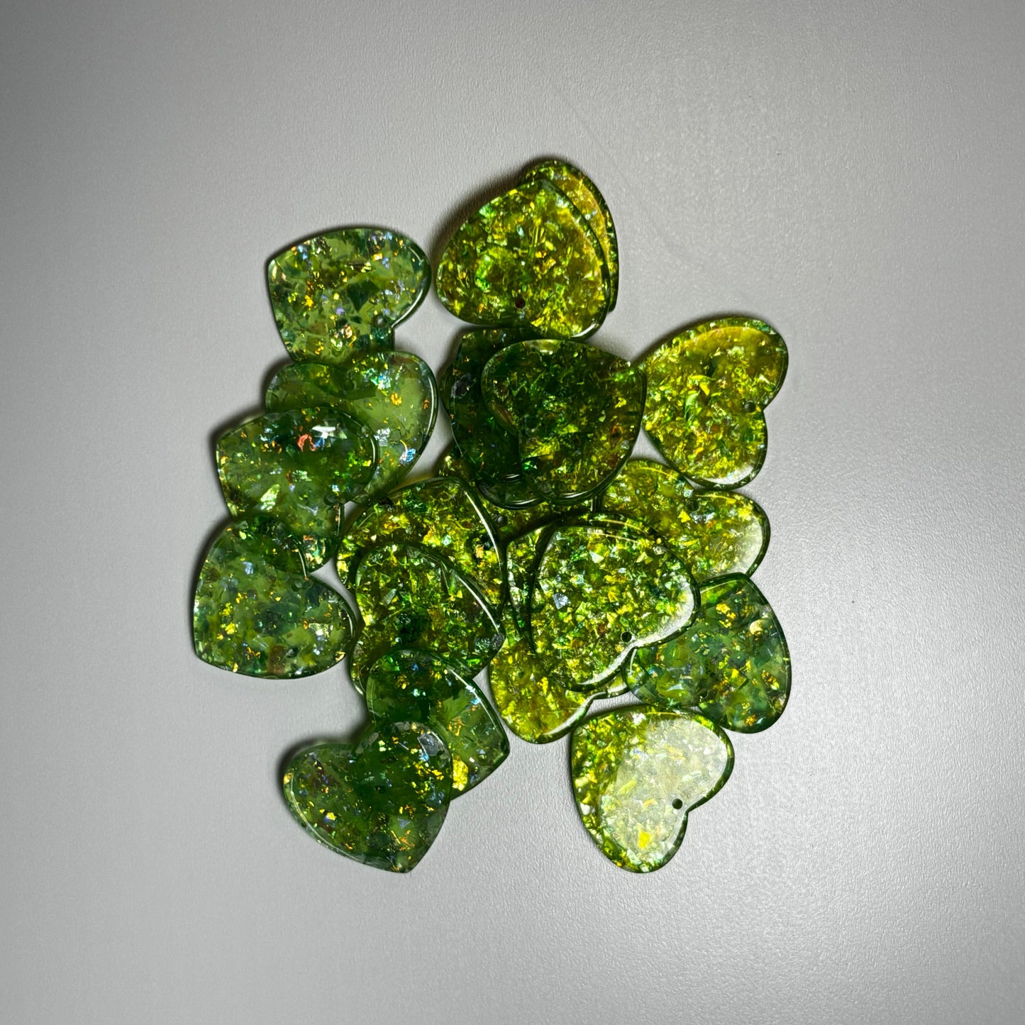 Green Holographic Hearts 24*28mm Holographic Foil in Transparent Heart, One Hole, Acrylic Charm Resin Gems (Sold in pair) Resin Gems