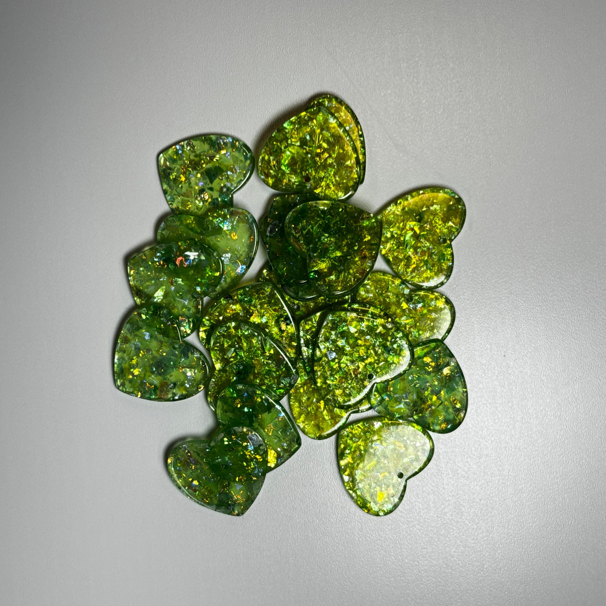 24*28mm Green Hearts Holographic Foil in Transparent Heart One Hole Charm, Glue on, Resin Gem, (Sold in Pair)