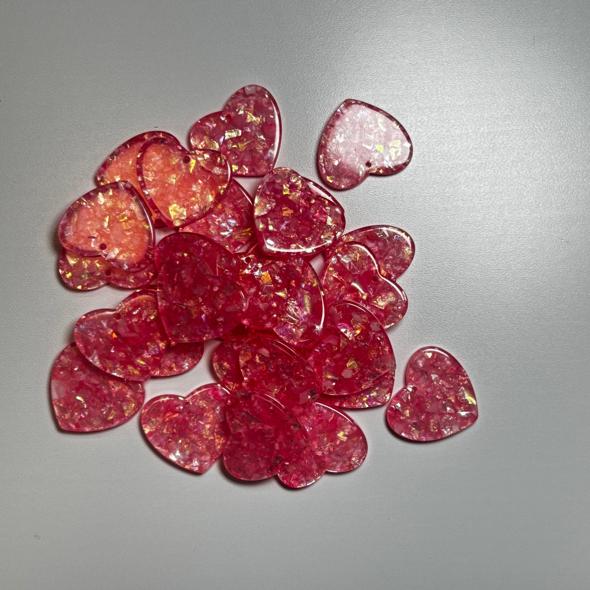 24*28mm Pink Hearts Holographic Foil in Transparent Heart One Hole Charm, Glue on, Resin Gem, (Sold in Pair)