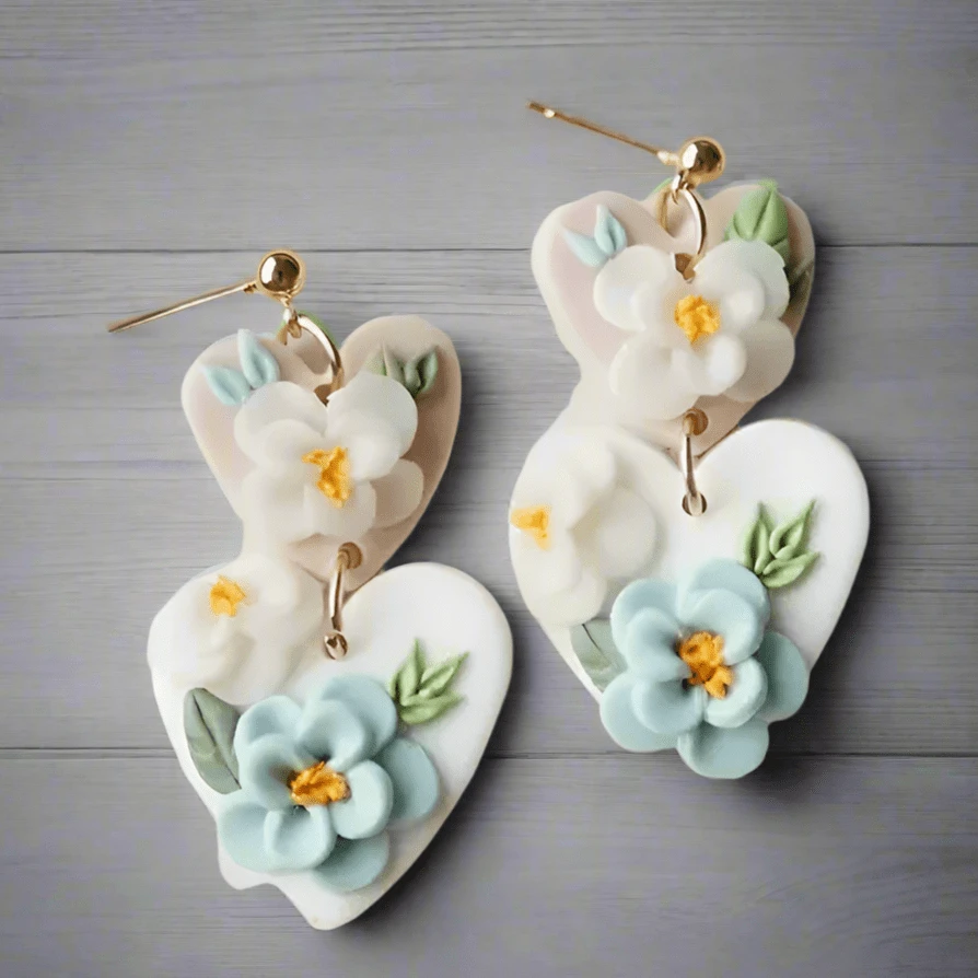 25*45mm Pink/White Flowers in Double Hearts Clay Earrings, Promotions Promotions