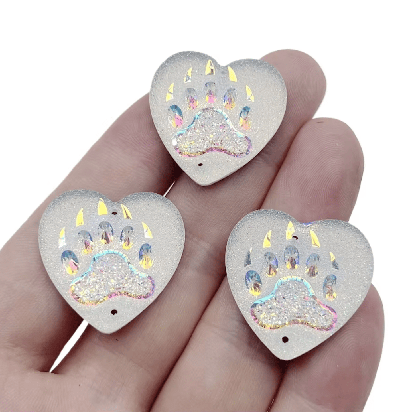 White AB 25mm Bear Claw with bear outline * Circle/Round, Metallic/AB, Sew on, Resin Gem (Sold in Pair) Resin Gems