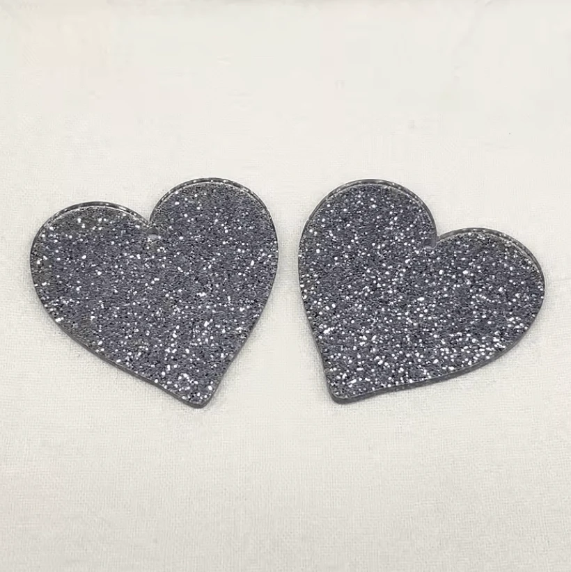 Silver Glitter 25mm Glitter Heart Acrylic, Sew on, Resin Gem (Sold in Pair) Resin Gems