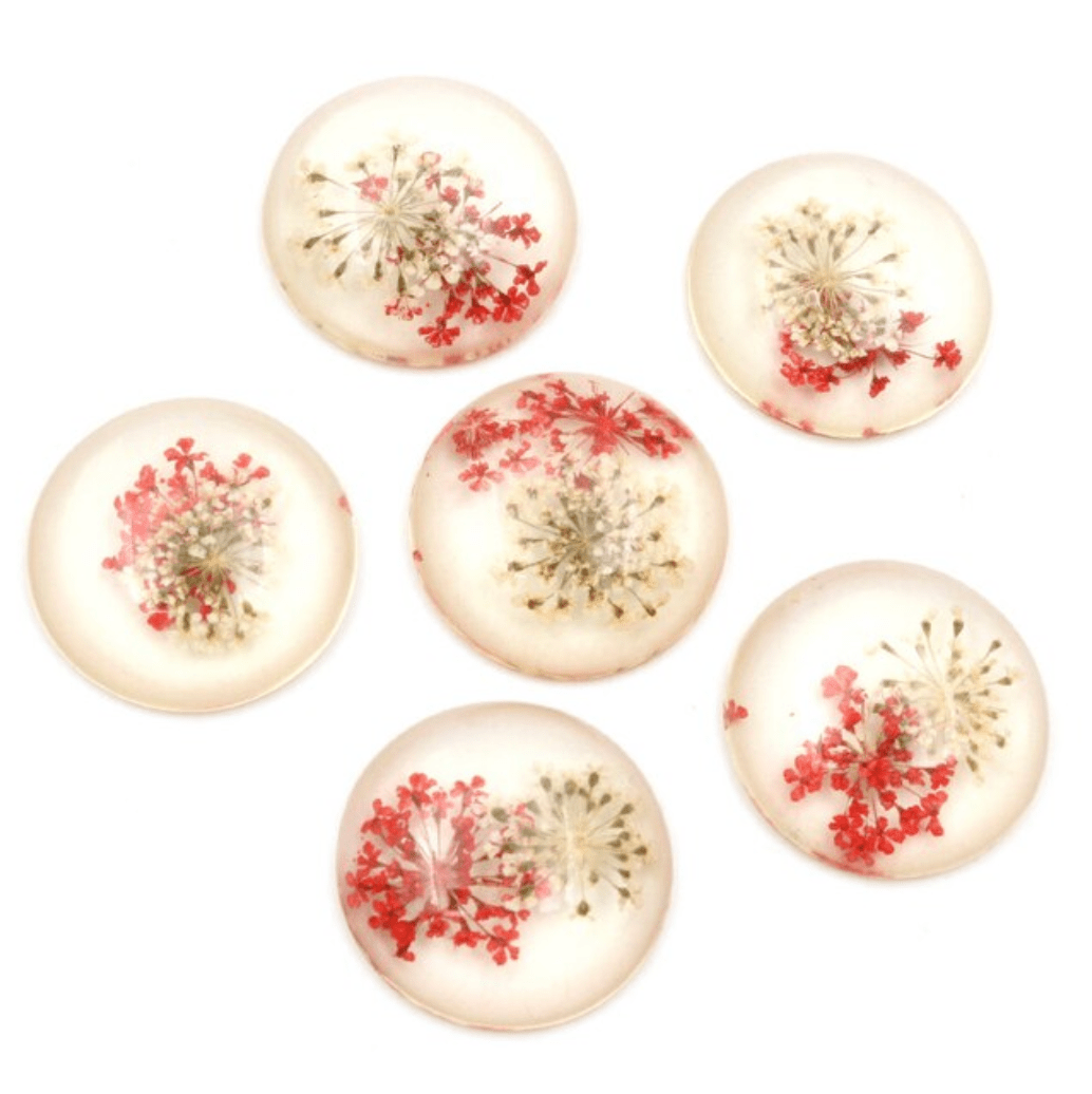 25mm Red and White Flower in Clear Resin, Glue on, Resin Gem (Sold in Pair) Resin Gems