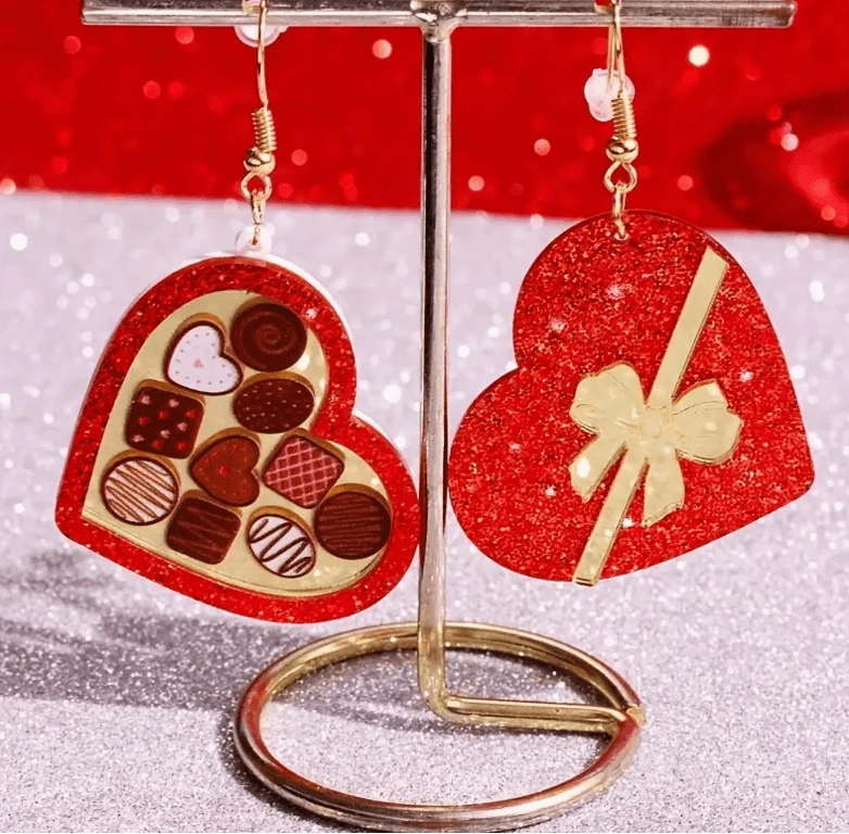 Glitter Red Chocolate Box Heart 25mm Valentine Chocolate Heart Mirror, One hole/Reversible, Acrylic Mirror Resin Gem (Sold in Pair) Mirror Gems