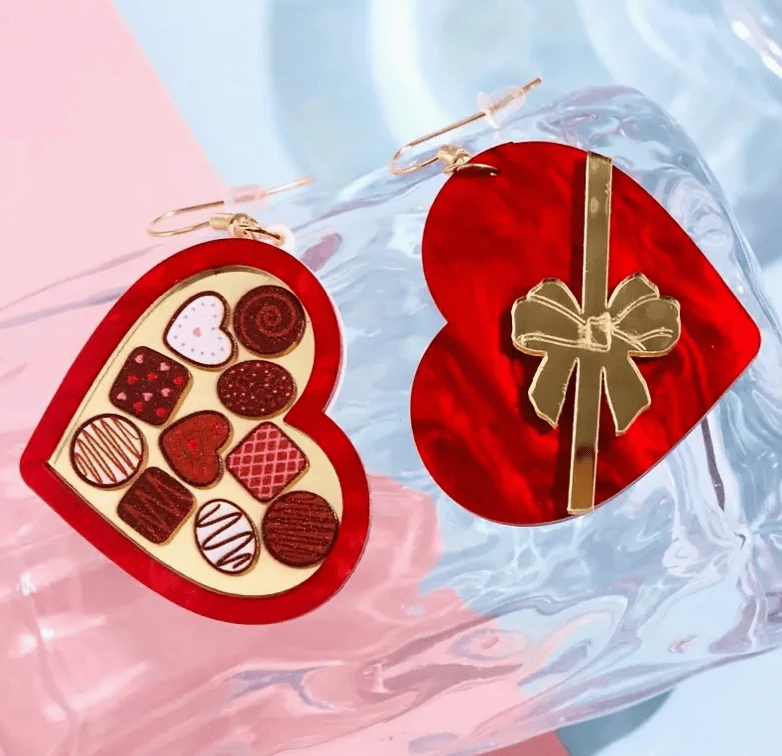 Marble Red Chocolate Box Heart 25mm Valentine Chocolate Heart Mirror, One hole/Reversible, Acrylic Mirror Resin Gem (Sold in Pair) Mirror Gems