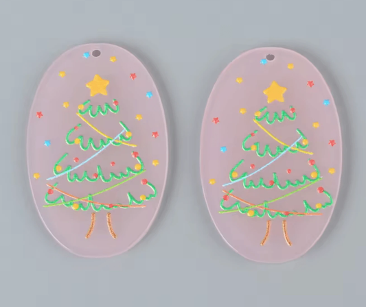 25mm x 40mm Christmas tree on pink background, Glue on, Resin Gem (Sold In Pair) Resin Gems
