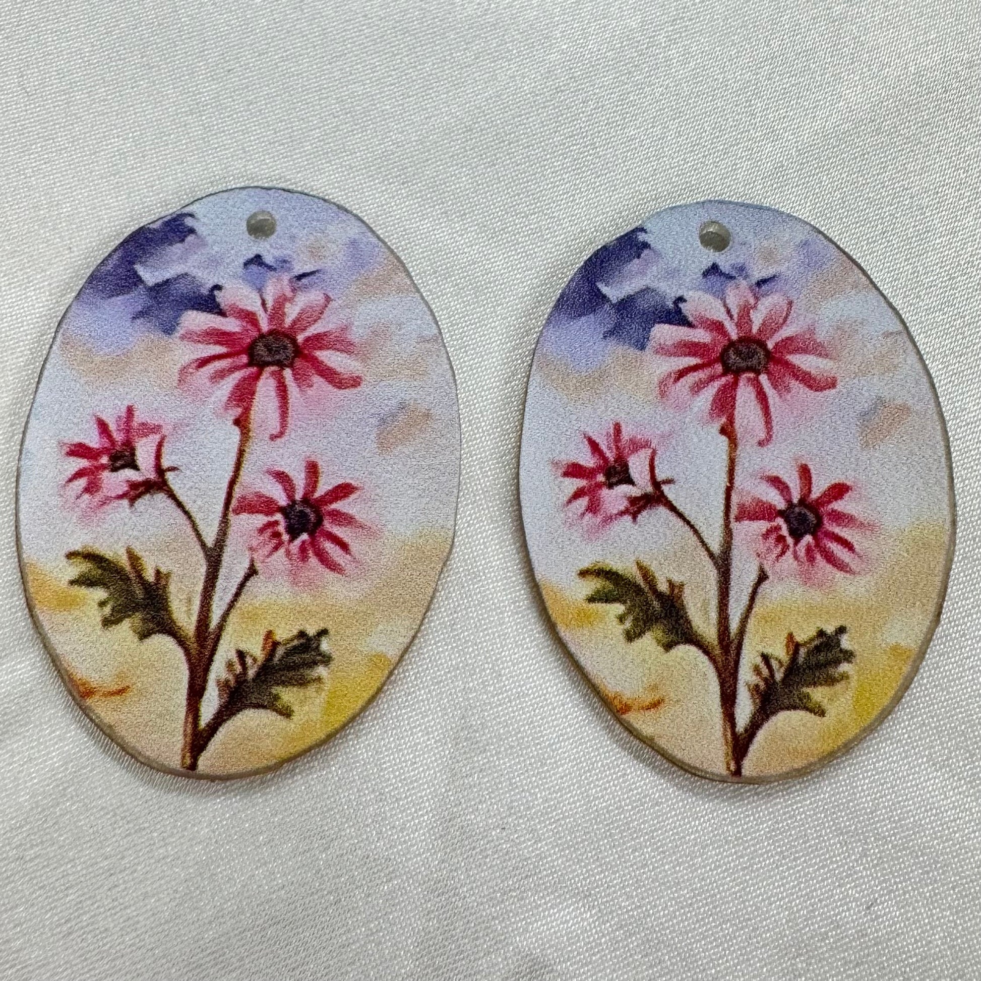 28*38mm Pink Daisy , One Hole Printed Resin Gem (Sold in pair) (Vintage) Resin Gems