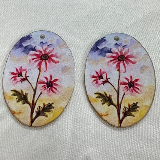 28*38mm Pink Daisy , One Hole Printed Resin Gem (Sold in pair) (Vintage) Resin Gems