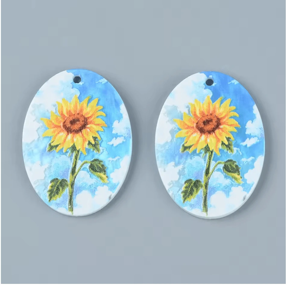 28*38mm Sunflower with Fluffy Clouds, One Hole Printed Resin Gem (Sold in pair) Resin Gems